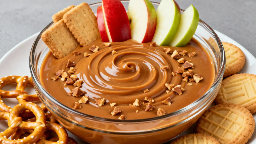 Easy Caramel Apple Dip Recipe served with crisp apples, pretzels, and cookies for dipping