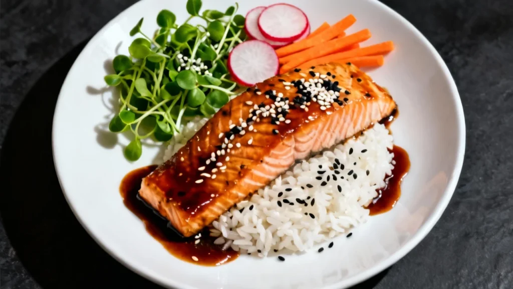 Healthy miso salmon recipe served with steamed rice, sesame seeds, and fresh vegetables on a white plate.