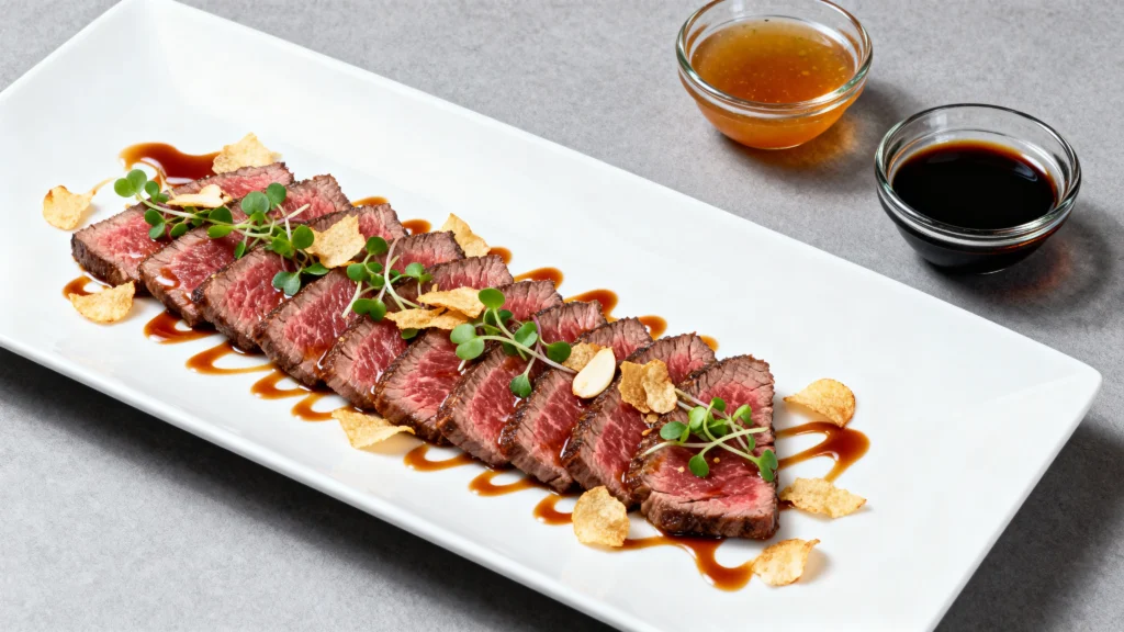 Japanese Beef Tataki Recipe with thinly sliced seared beef topped with microgreens, garlic chips, and soy sauce drizzle.