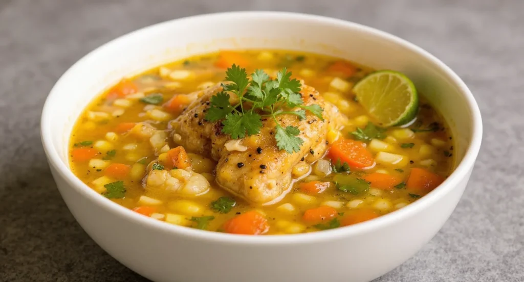 Comforting Mexican Caldo de Pollo Recipe featuring tender chicken, corn, and lime wedges.