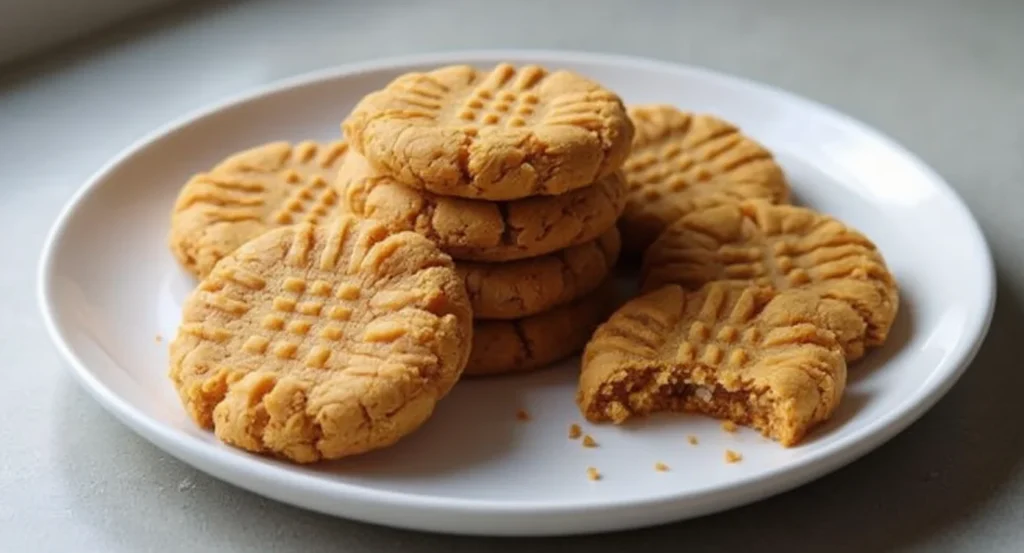 Freshly baked 3 ingredient peanut butter cookies showing a gooey center
