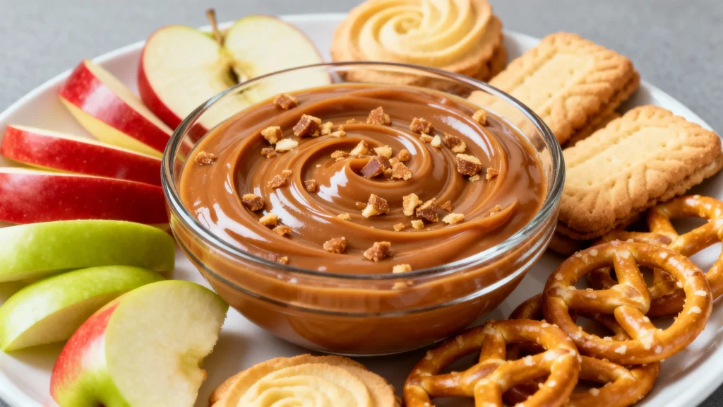 Smooth and rich caramel apple dip topped with caramel drizzle – Easy Caramel Apple Dip Recipe