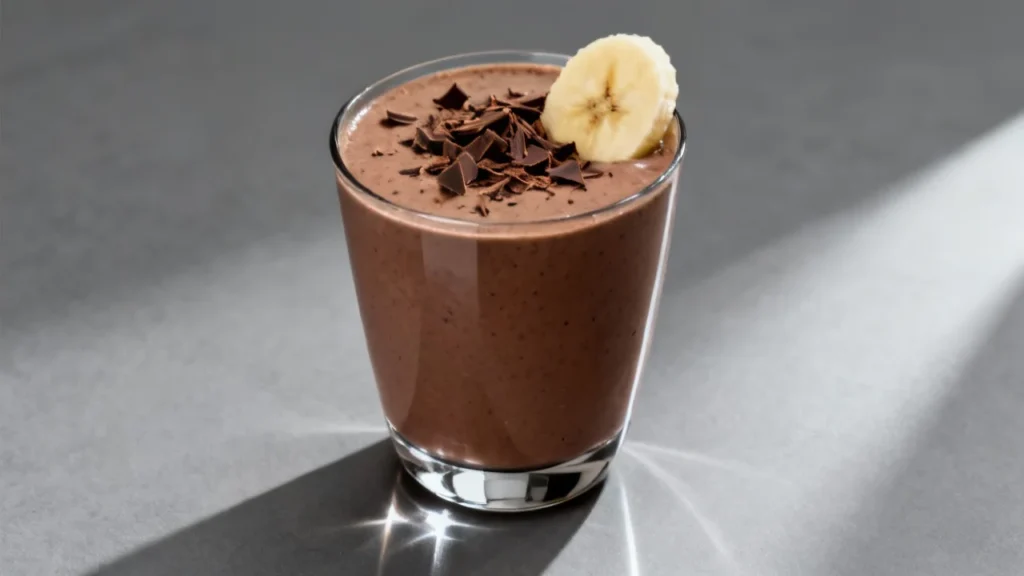 Healthy Banana Smoothie Recipe with chocolate and banana slice garnish in a glass.