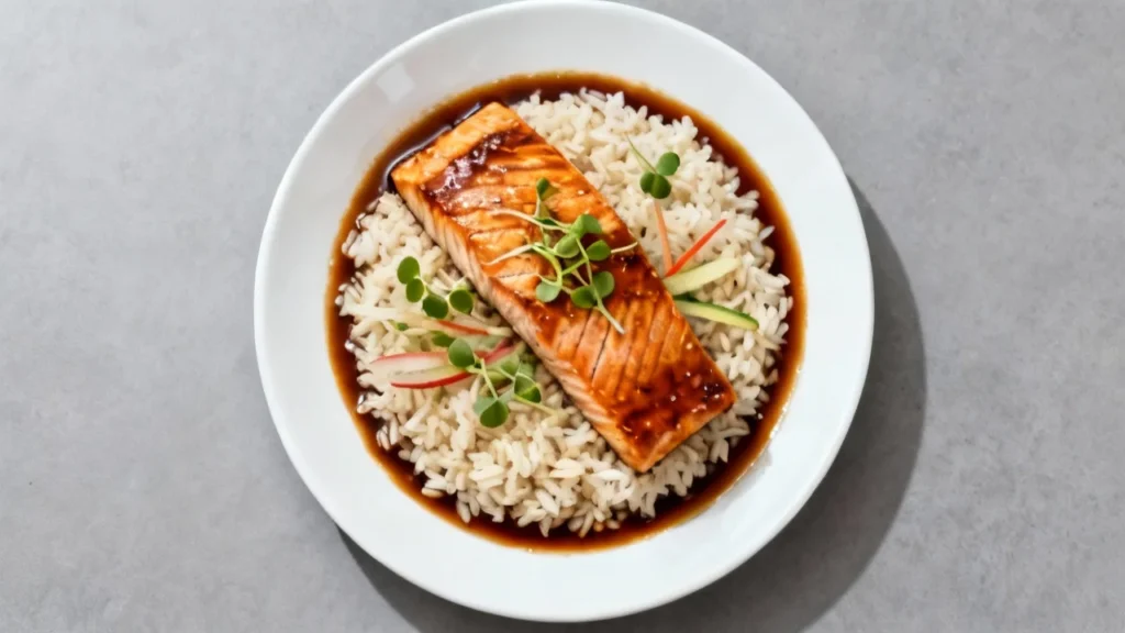 Healthy miso salmon recipe served over steamed rice with miso glaze and fresh microgreens.