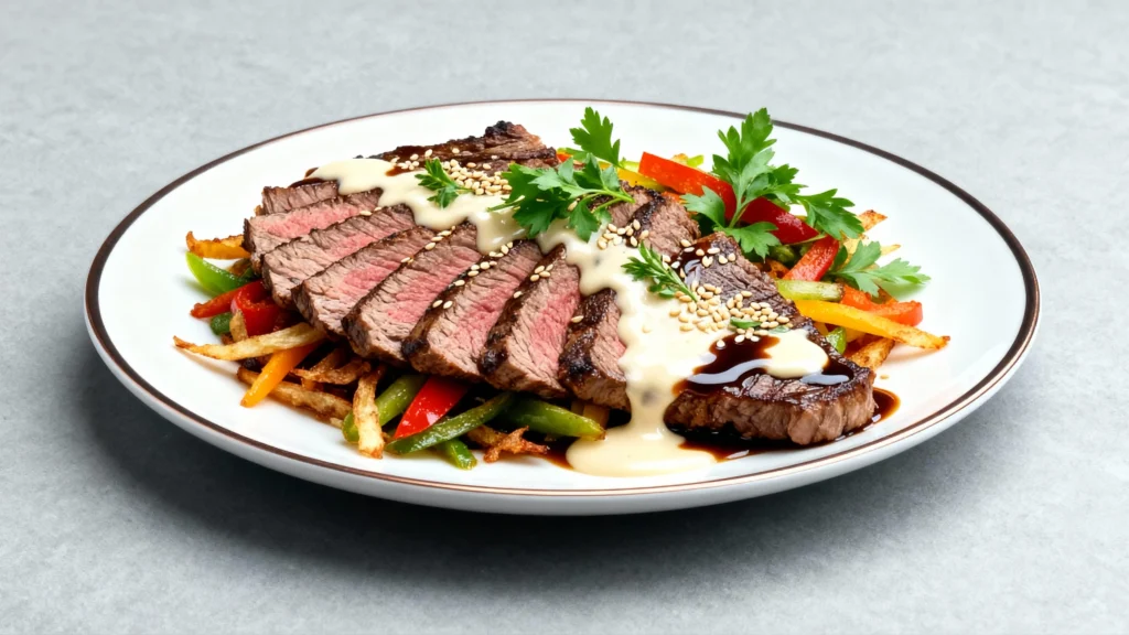 Japanese Hibachi Steak Recipe served with creamy sauce, sesame seeds, and colorful stir-fried vegetables.