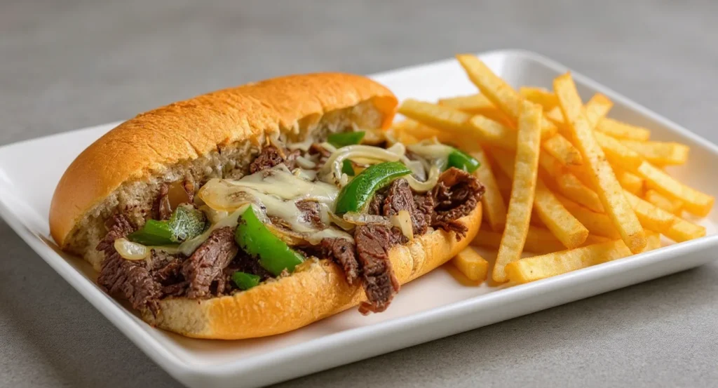 Philly Cheese Steak Recipe with melted cheese, green peppers, and sliced beef served with golden fries on a white plate