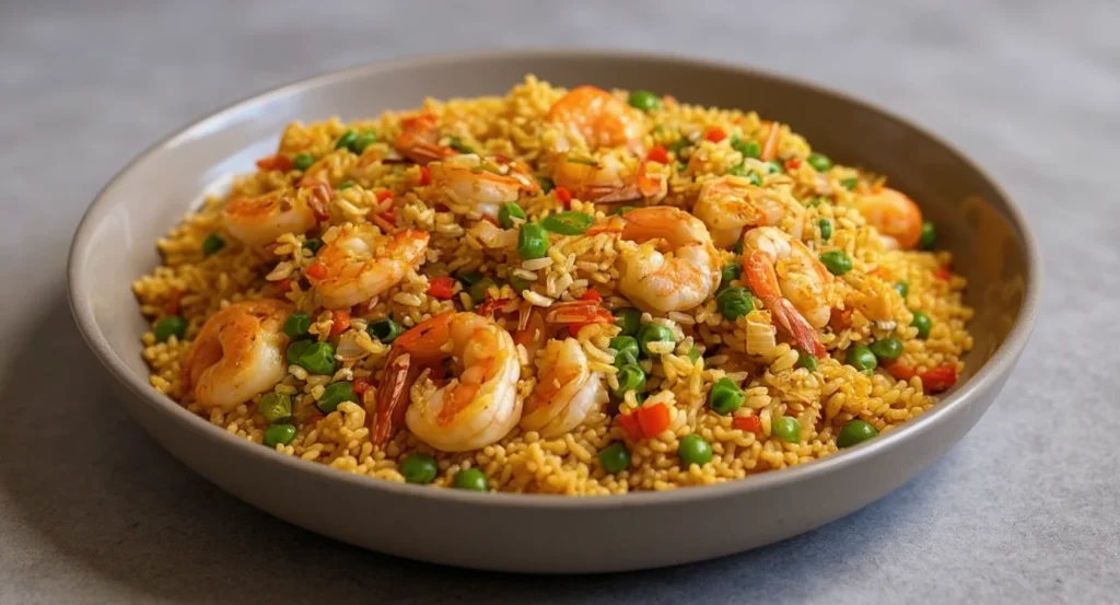 Shrimp Fried Rice Recipe with juicy shrimp, peas, and vegetables in a savory sauce