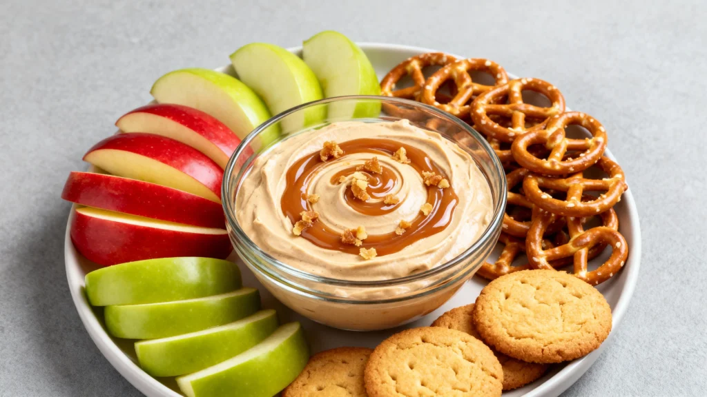 Caramel apple dip in a glass bowl with apples, pretzels, and cookies – Easy Caramel Apple Dip Recipe