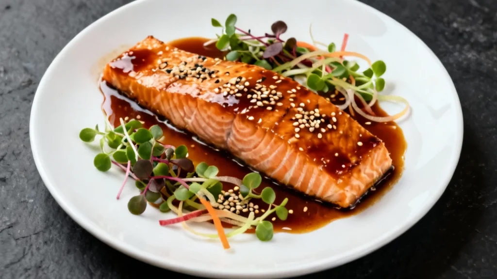 Healthy miso salmon recipe served with sesame glaze and fresh microgreens