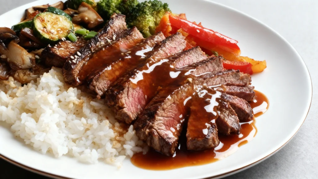 Japanese Hibachi Steak Recipe served with steamed rice, grilled vegetables, and savory soy glaze.
