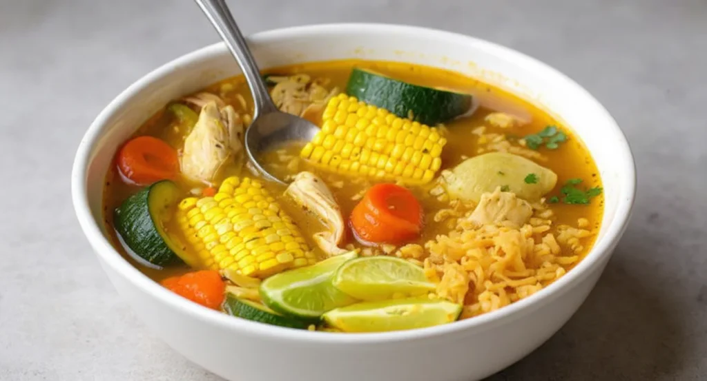 Hearty Mexican Caldo de Pollo Recipe with chicken, vegetables, and rice in a rich broth.