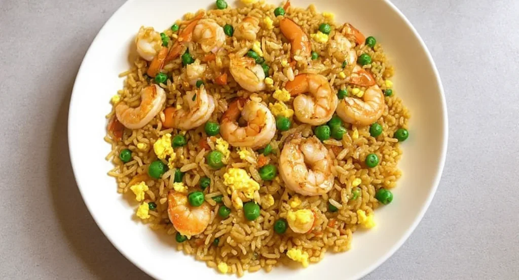 Shrimp Fried Rice Recipe with golden rice, peas, and scrambled eggs