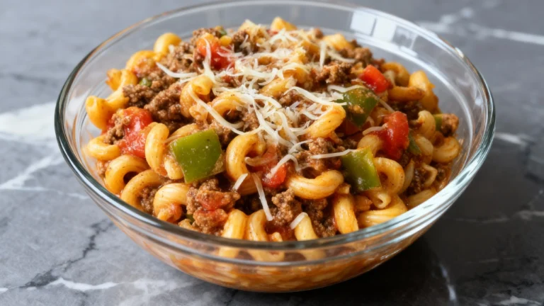 Classic American Chop Suey Recipe with ground beef, bell peppers, and pasta
