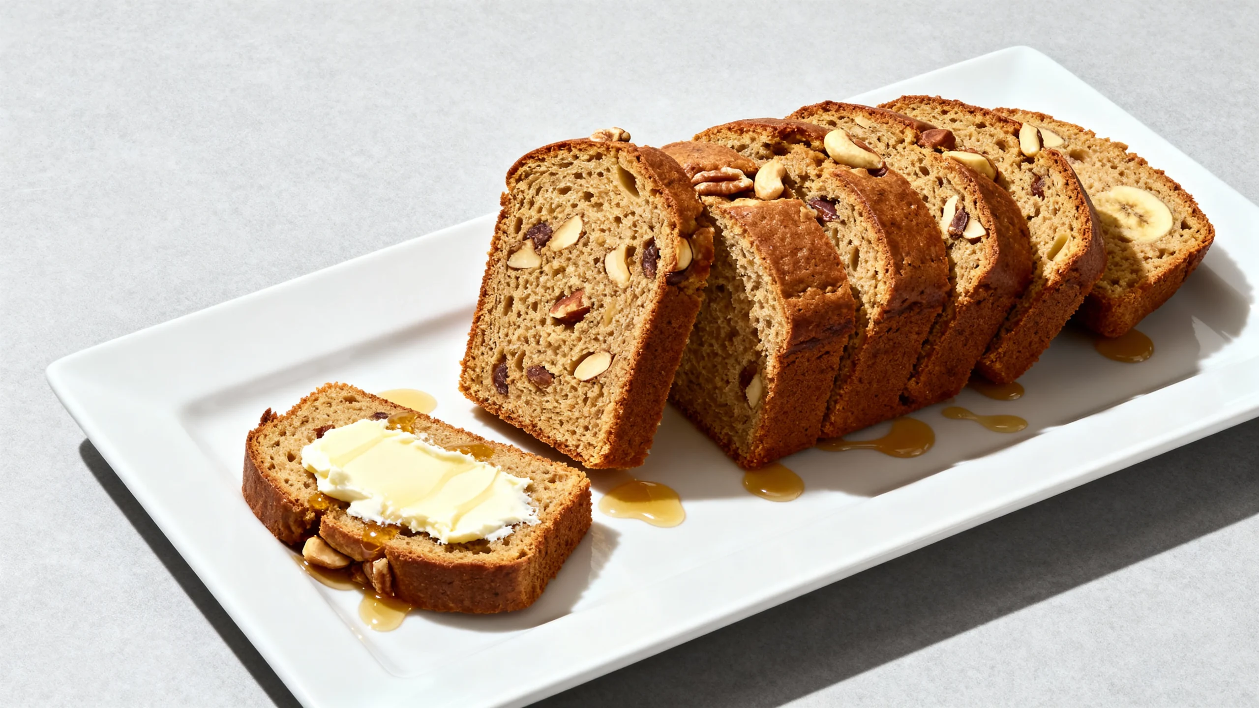 Banana Nut Bread Recipe with sliced loaf and honey drizzle on a white plate