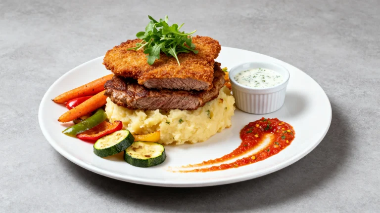 Crispy Beef Milanesa Recipe served with mashed potatoes and grilled vegetables
