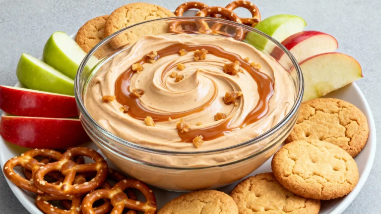 Creamy caramel apple dip with sliced apples, pretzels, and cookies – Easy Caramel Apple Dip Recipe