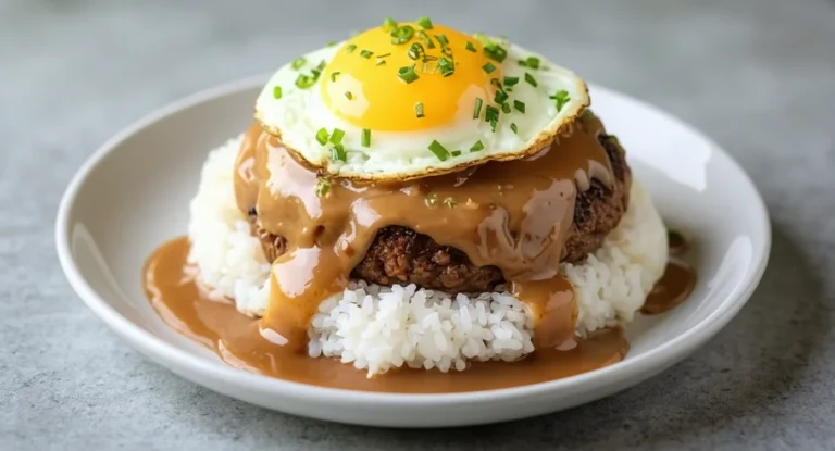 Hawaiian Loco Moco Recipe with rice, beef patty, gravy, and fried egg