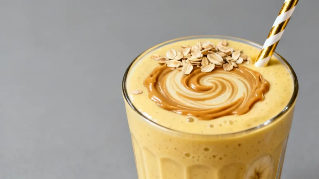 Healthy Banana Smoothie Recipe with oats and peanut butter swirl on top.