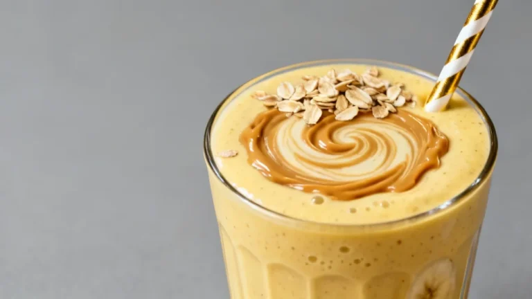 Healthy Banana Smoothie Recipe with oats and peanut butter swirl on top.