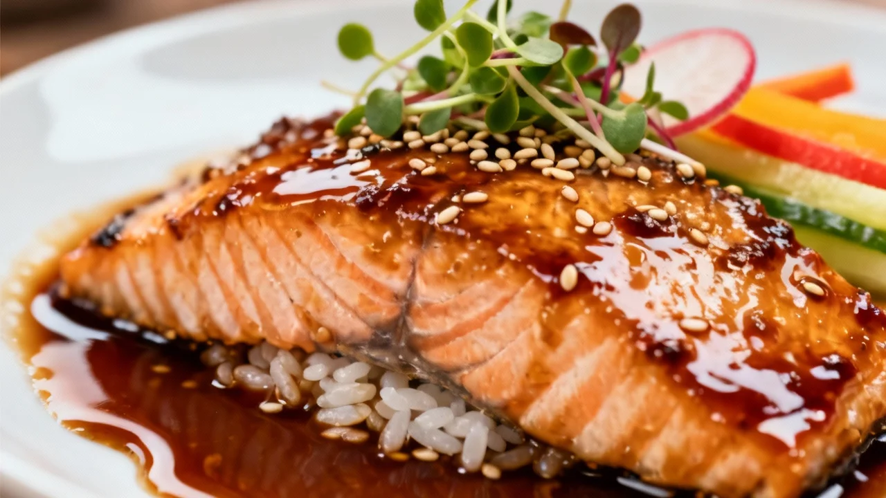 Healthy miso salmon recipe served with rice and vegetables, topped with sesame seeds and glaze.