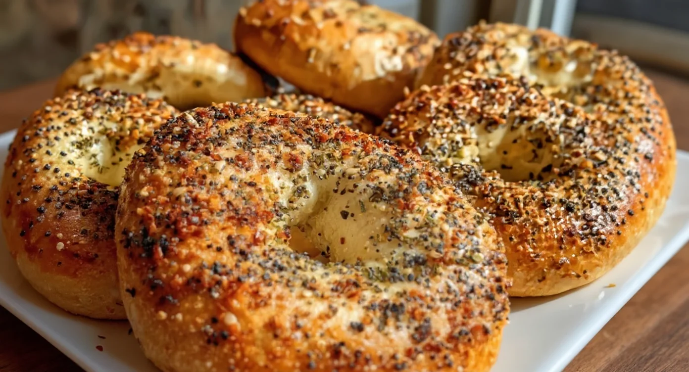 Freshly baked bagels from a Homemade Sourdough Bagel Recipe topped with sesame and poppy seeds.