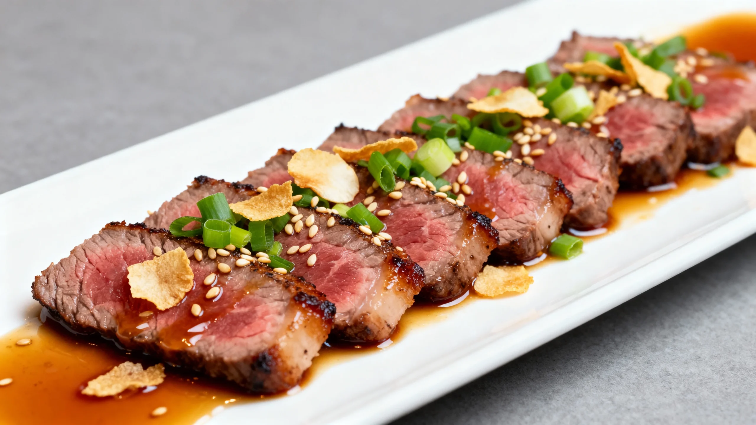 Japanese Beef Tataki Recipe served with soy-based sauce, sesame seeds, and green onions on a white plate.