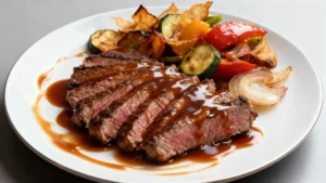 Japanese Hibachi Steak Recipe served with grilled vegetables and savory sauce.