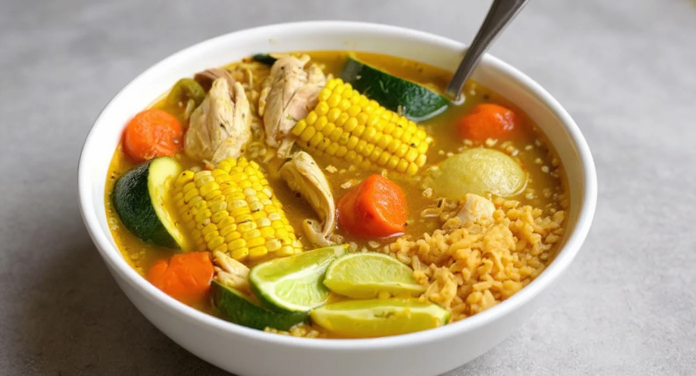 Bowl of traditional Mexican Caldo de Pollo Recipe with corn, carrots, zucchini, and rice.