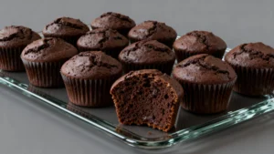 Freshly baked muffins from the Olympics Chocolate Muffins Recipe on a glass tray.