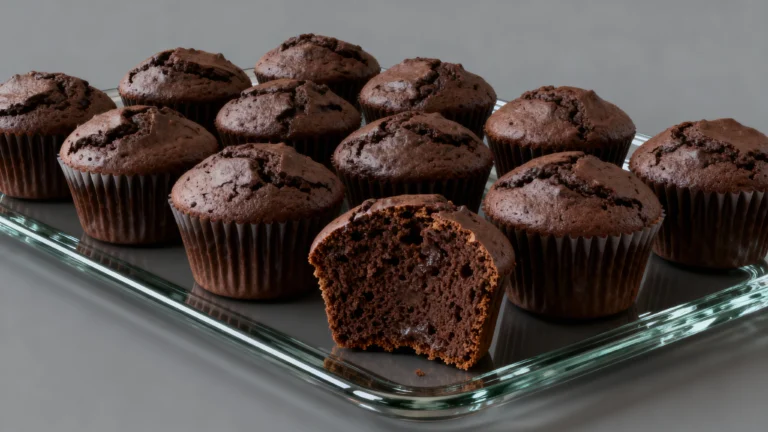 Freshly baked muffins from the Olympics Chocolate Muffins Recipe on a glass tray.