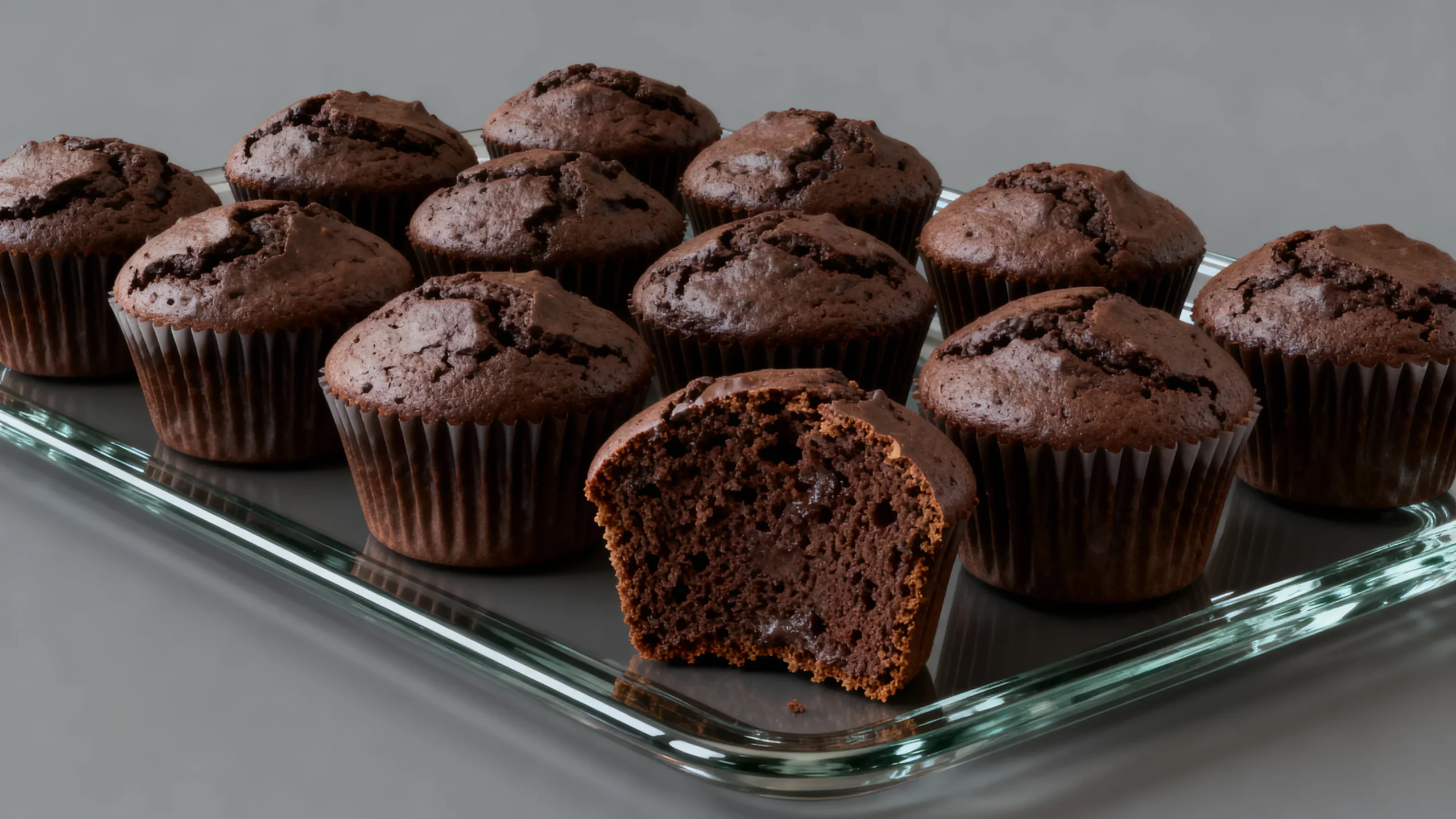 Freshly baked muffins from the Olympics Chocolate Muffins Recipe on a glass tray.