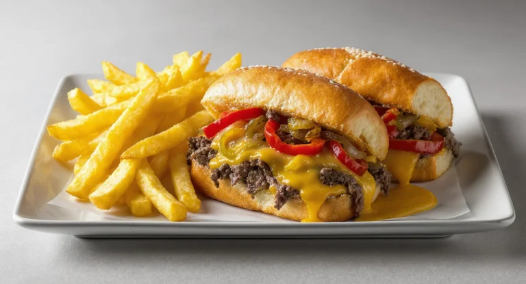 Philly Cheese Steak Recipe with melted cheese, steak slices, and peppers on a sandwich roll