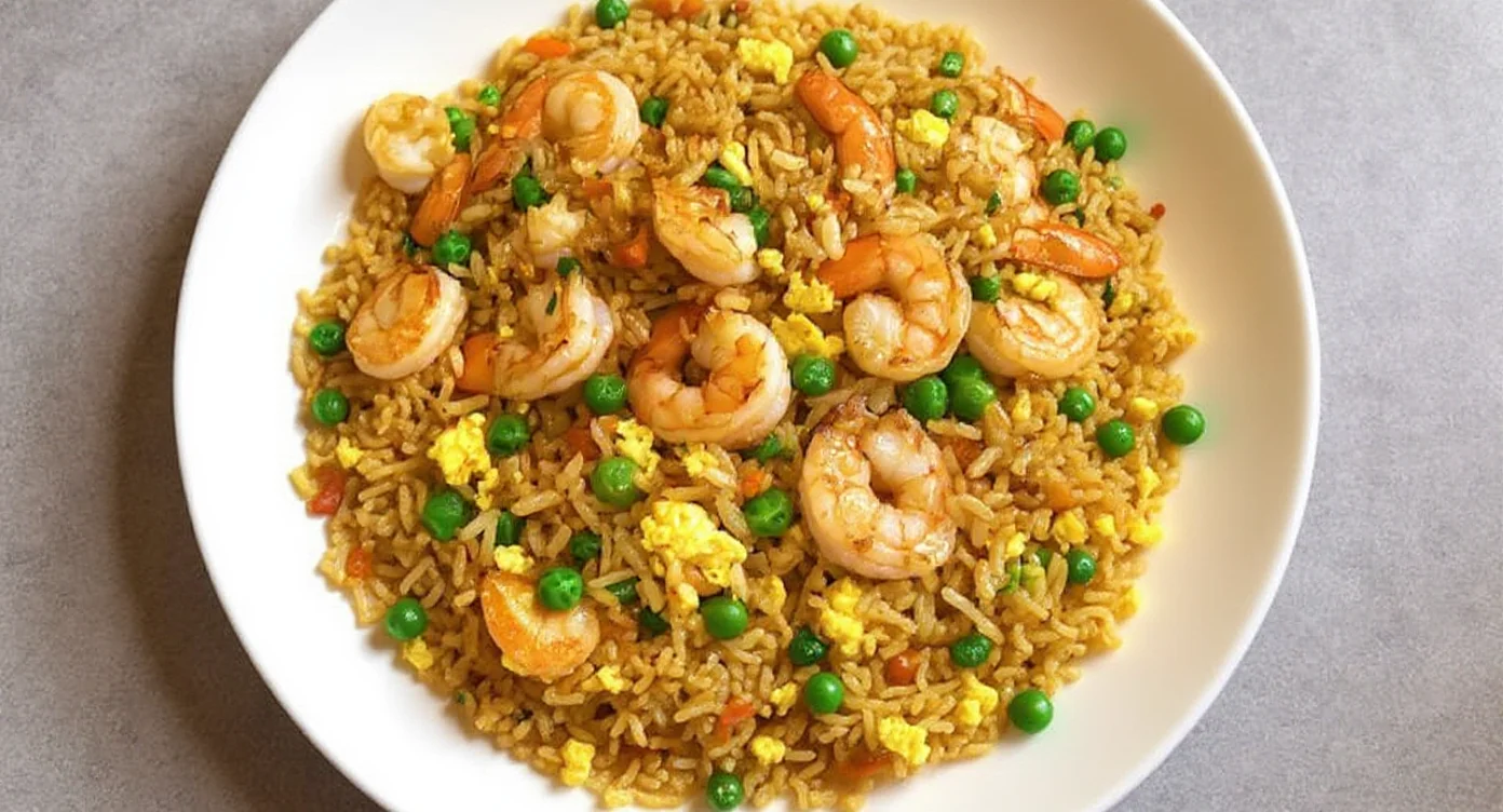 Shrimp Fried Rice Recipe served on a white plate with peas, eggs, and tender shrimp.
