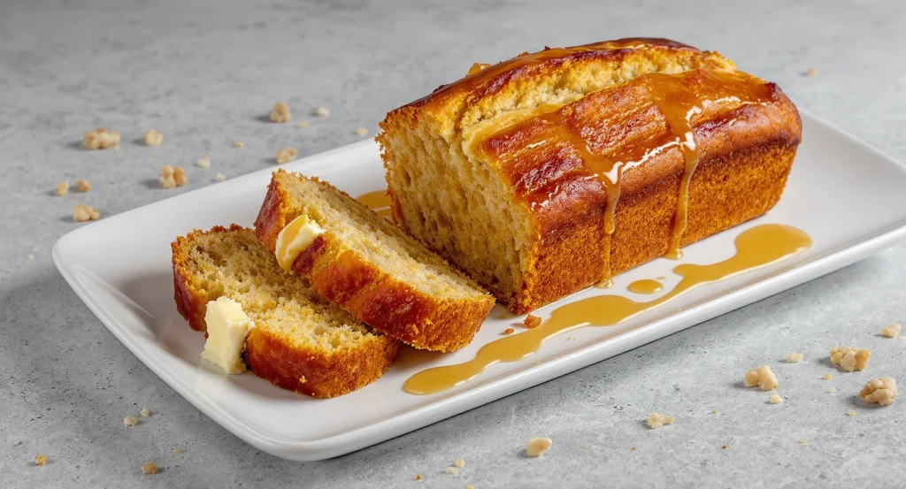 Moist Banana Nut Bread Recipe topped with butter and chopped nuts