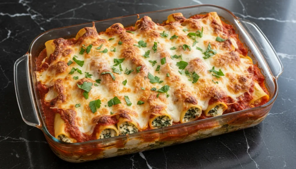Delicious Cheesy Spinach Manicotti Recipe topped with golden melted cheese and tomato sauce.