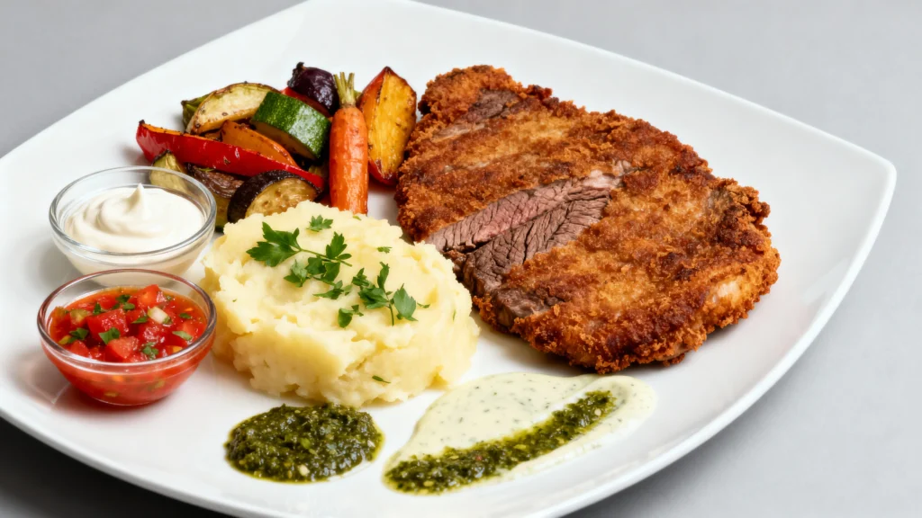 Golden fried beef Milanesa on creamy mashed potatoes with dipping sauce