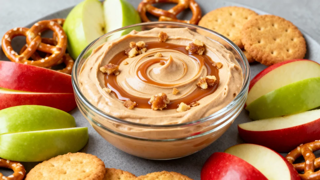 Bowl of homemade caramel apple dip surrounded by fresh apple slices and snacks – Easy Caramel Apple Dip Recipe