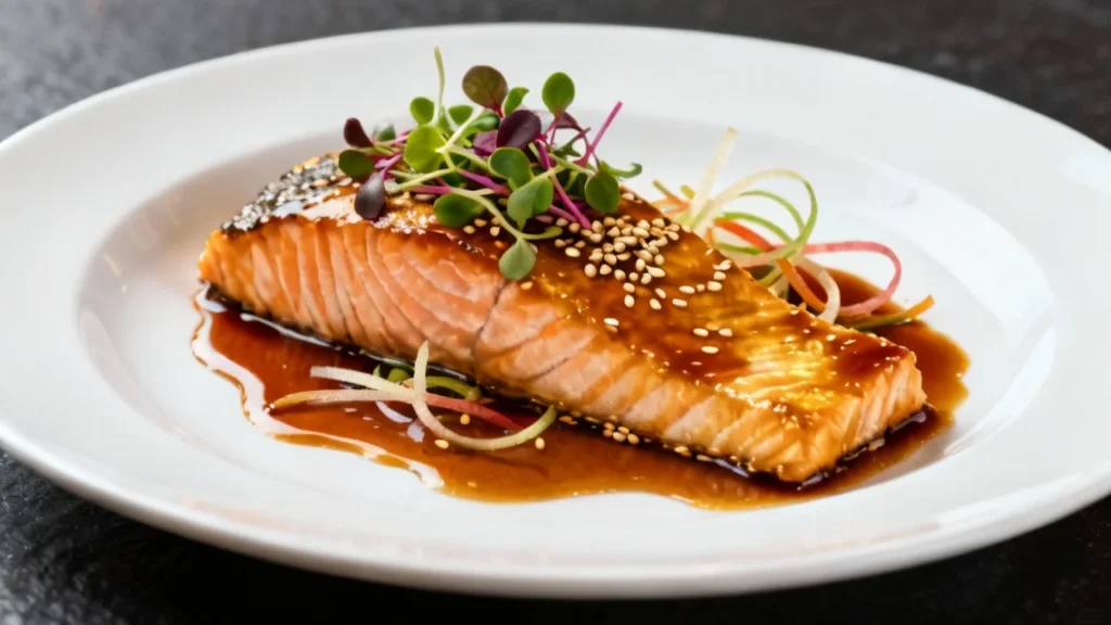 Healthy miso salmon recipe with sesame glaze and microgreens served on a white plate.