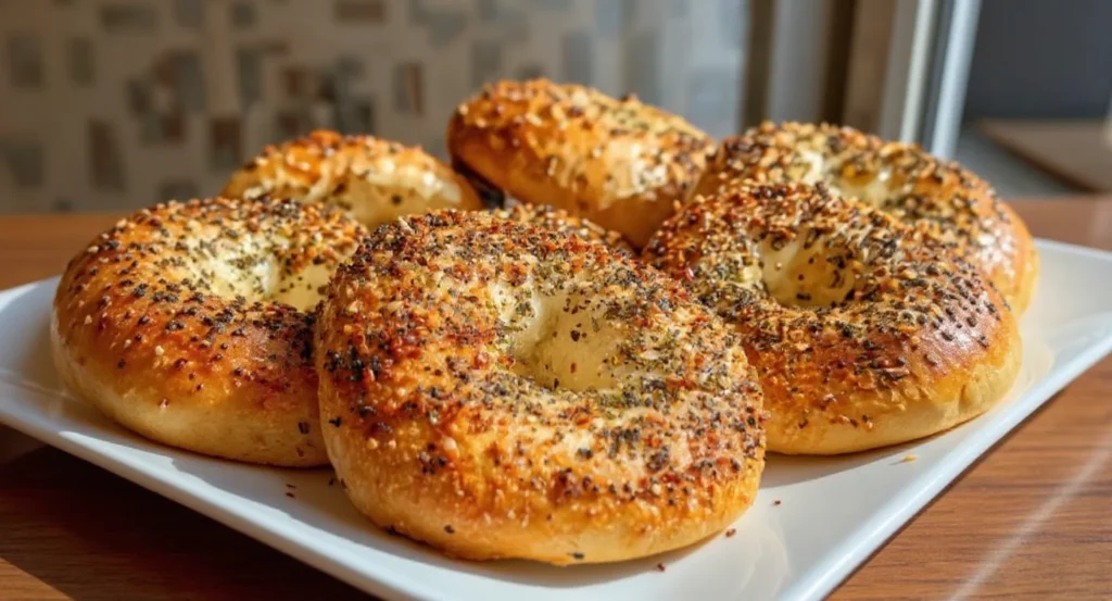 Golden brown bagels prepared with the Homemade Sourdough Bagel Recipe, served on a white plate.