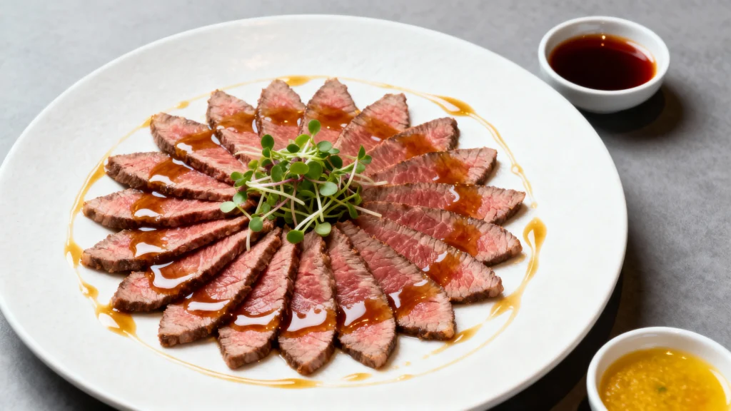 Japanese Beef Tataki Recipe featuring thinly sliced seared beef served with ponzu sauce and garnished with microgreens.