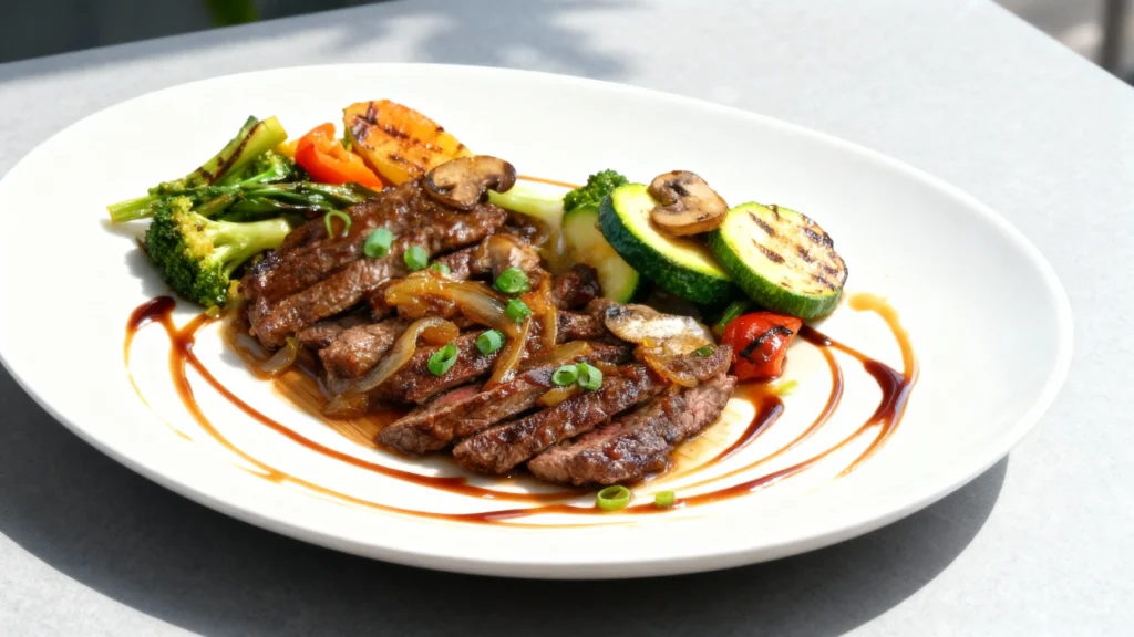 Juicy sliced beef with sauce and veggies for a flavorful Japanese Hibachi Steak Recipe.