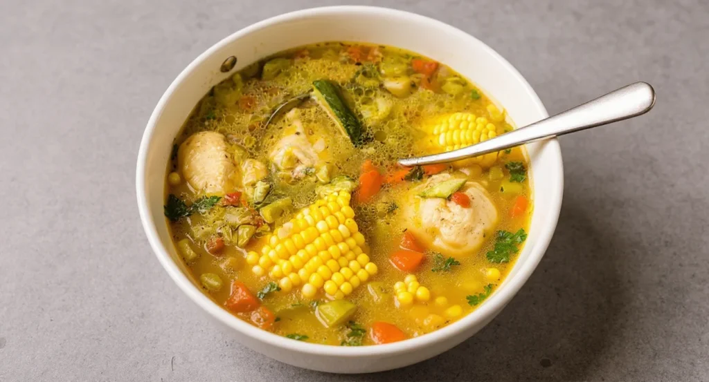 Authentic Mexican Caldo de Pollo Recipe served warm with chicken and fresh vegetables.