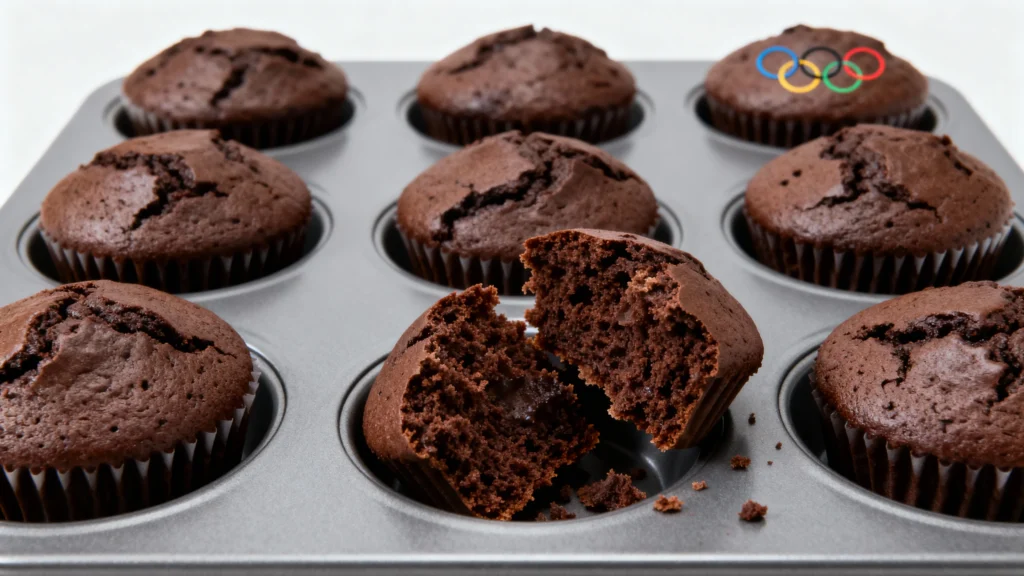 Freshly baked muffins from the Olympics Chocolate Muffins Recipe cooling in a muffin tin.